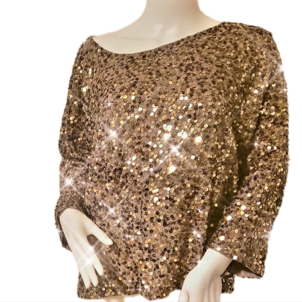 VINCE for Bergdorf Goodman Met. Sequin Silk Pewter Gold Top-L